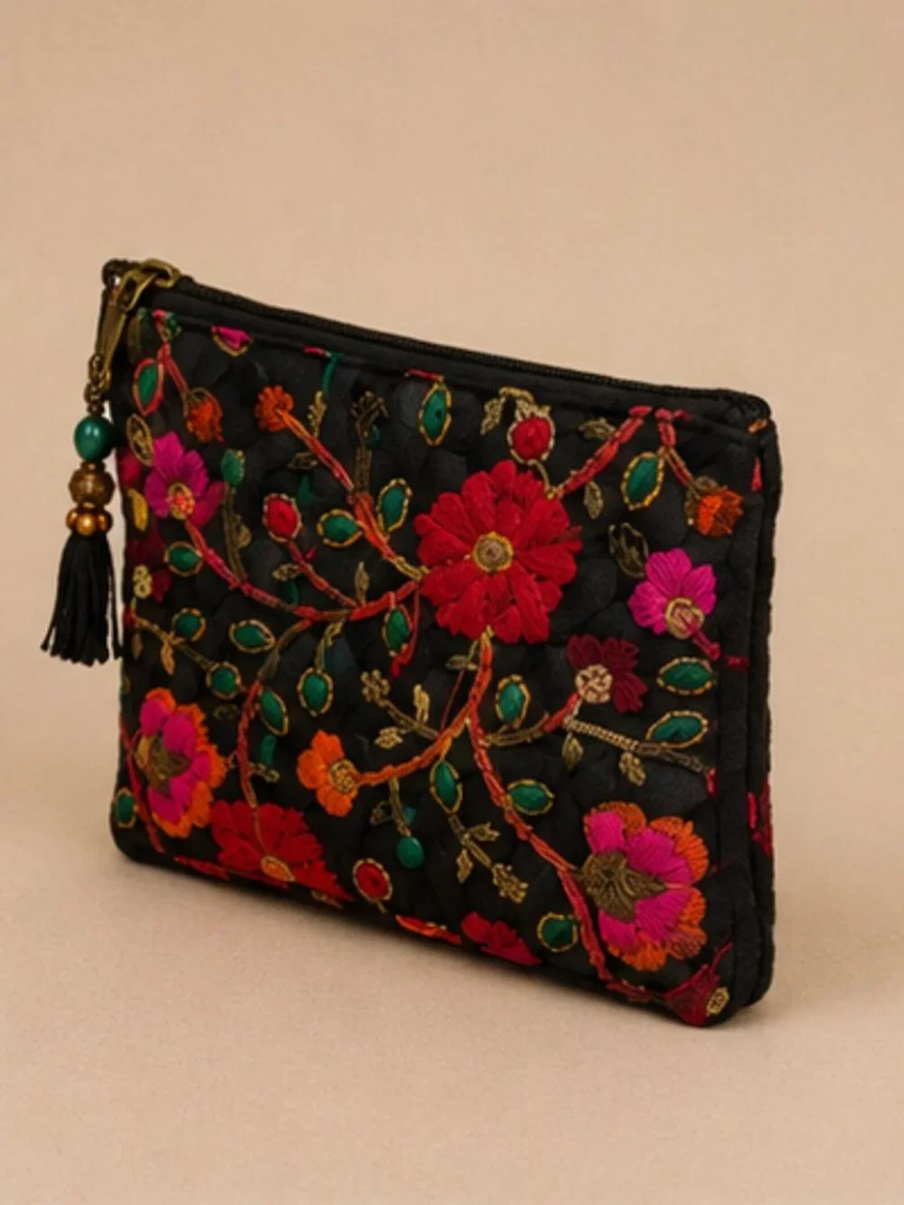 Boho Embroidered Floral Zip Pouch | Black Cosmetic Bag | Artisan Makeup Organize